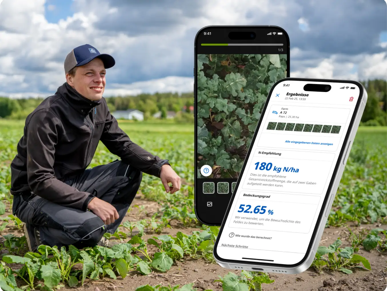 Farmer on the canola field, YaraPlus photo analysis screens