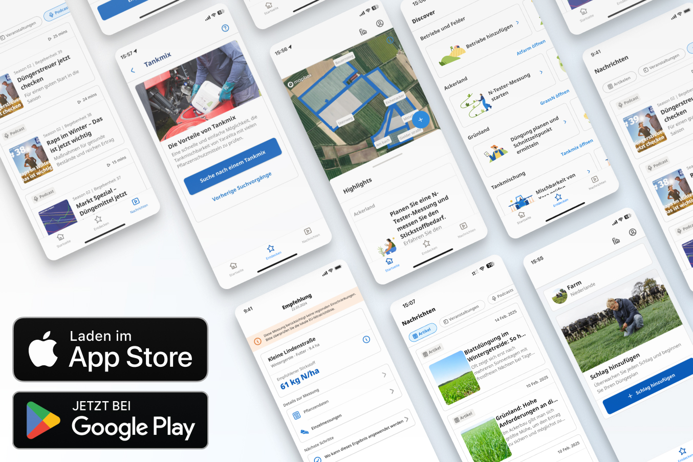 YaraPlus App Screens with buttons to App Store and Google Play