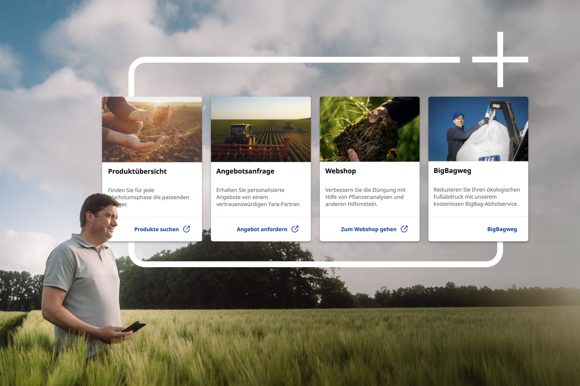 Image of the person on the field with the mobile and mock-up of the YaraPlus Portfolio