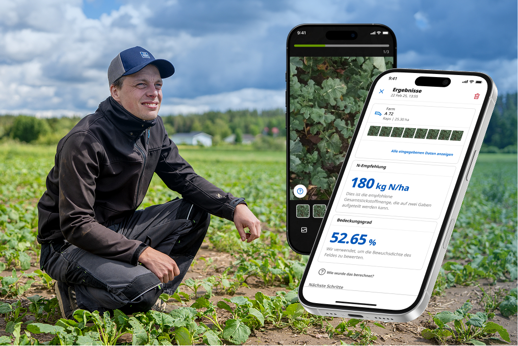 Farmer on the canola field, YaraPlus photo analysis screens